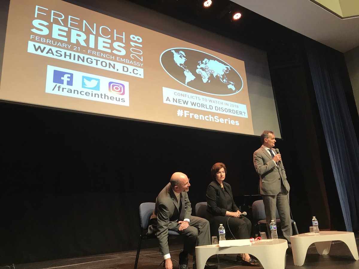 Ambassador @GerardAraud opens our #FrenchSeries 'Conflicts to Watch in 2018: A New World disorder?' with @crisisGroup President @Rob_Malley & moderator Politico chief int'l affairs columnist Susan Glasser @sbg1