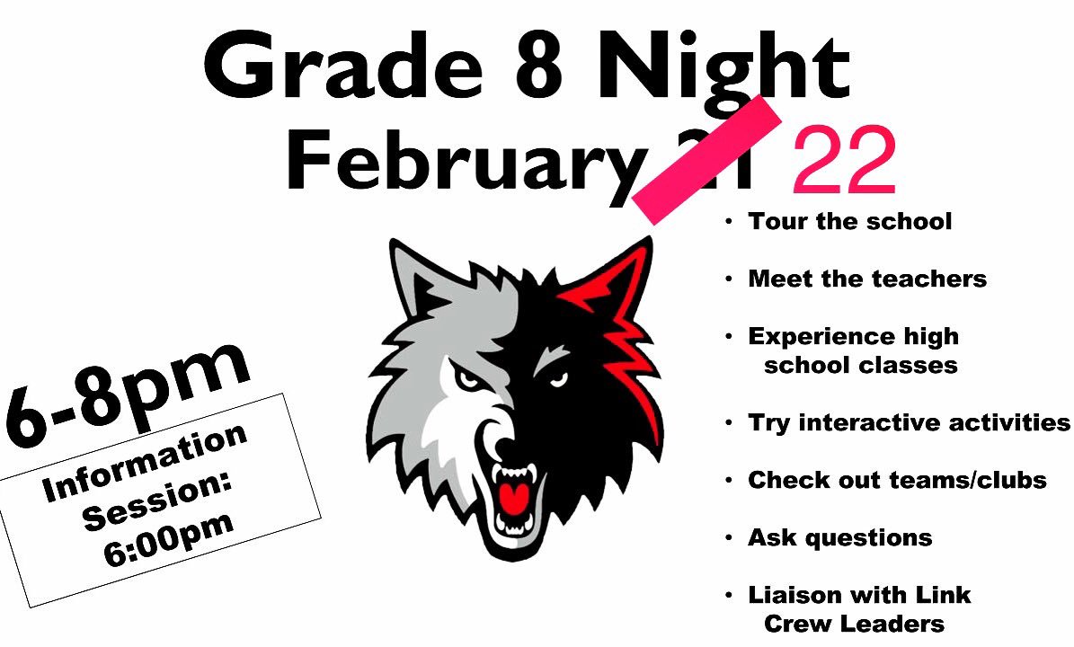 Our Grade 8 Open House is TOMORROW at 6-8pm. School tours, Link Crew fun, meet the teachers, and a presentation from guidance. See you there!