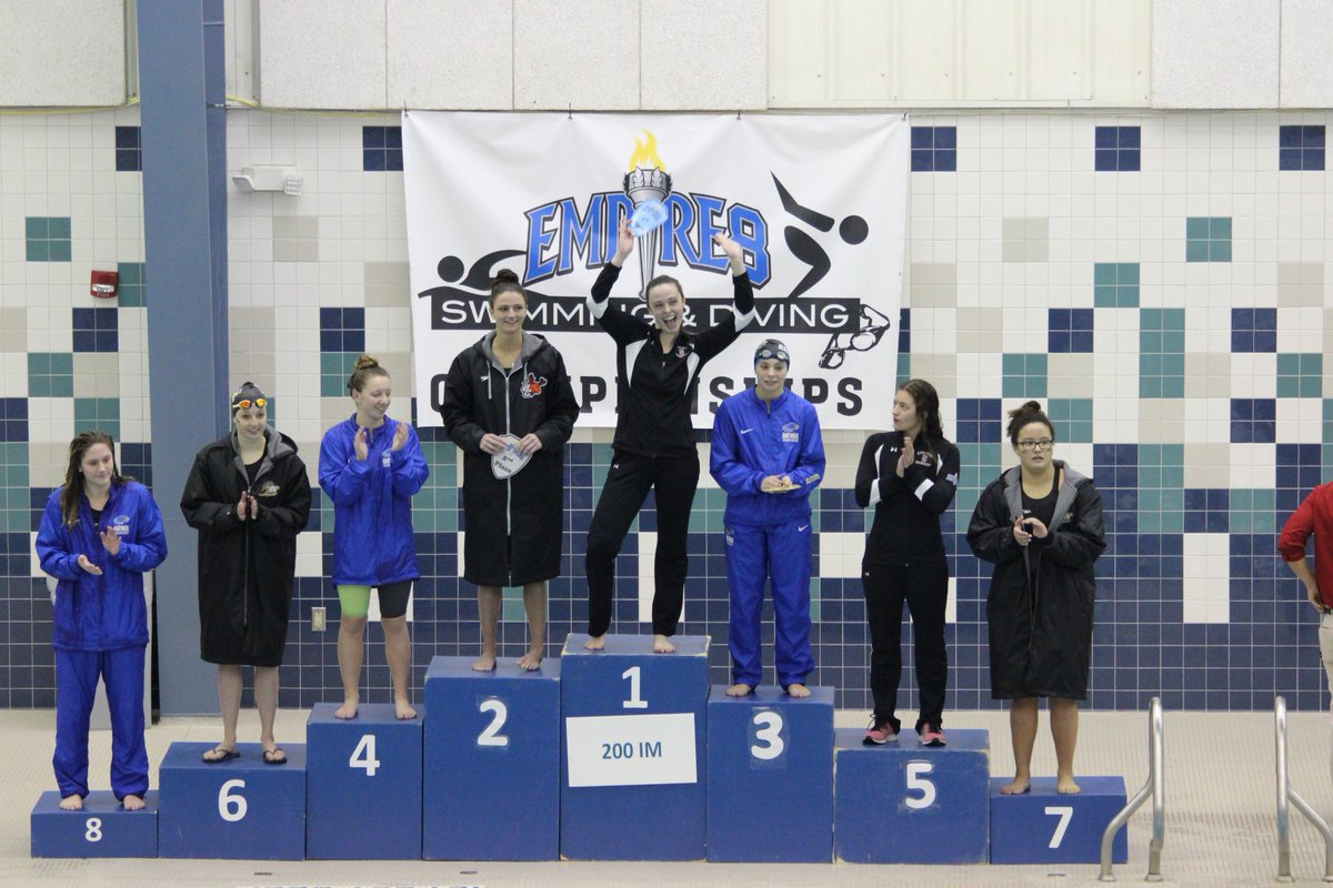 Empire8's tweet photo. The top 8 finishers in the women's 200 IM. @StevensDucks Sam Geyer won with a time of 2:10.33 followed by @UCPioneers Phoebe King (2:12.06) and @HawkTalk Ceci Mowrey (2:12.59). https://t.co/ovlbYesfAd