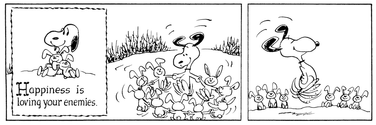 Snoopy Museum Tokyo ギャラリーから 4月21日からの ファイナル 選りすぐりの原画 ウサギが大好き ビーグルは猟犬なのに スヌーピーはウサギと大の仲良し ウサギ狩りに出かけても 大好きな友だちだから踊って遊んでしまうのです ピーナッツ