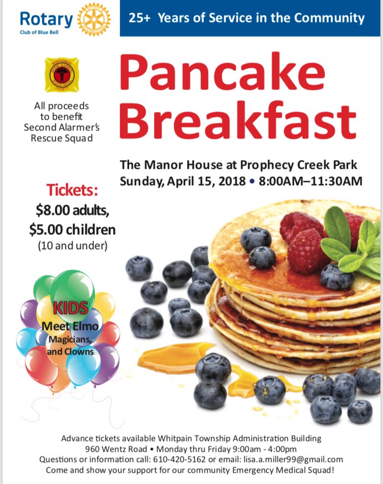 SecondAlarmers's tweet photo. Mark your calendars! Sunday, April 15, 2018 - 8 to 11:30AM Manor House at Prophecy Creek Park #pancakebreakfast #community benefit for local #EMS 
@WhitpainTwp @Montcopa_1sts @AngelFlightEast @CentreSquare33 @MontCoHappening @AmblerGazette @BlueBellCC https://t.co/xmbNIuGW6c