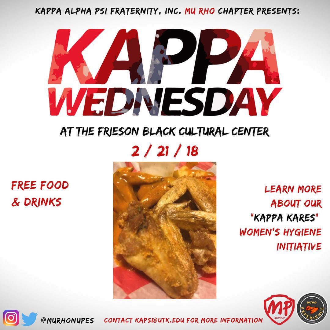 UTK_NPHC's tweet image. Don’t forget to stop by the FBCC to see your favorite nupes and enjoy some wings at 7:30! In addition, you can learn more about their “Kappa Kares” women hygiene initiative! 😁🍗