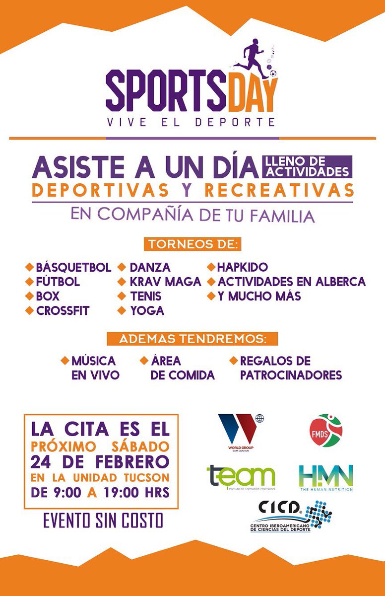 MarioReynoso81's tweet photo. Sports Day
Este sábado en Guadalajara, evento sin costo, unidad deportiva Tucson. 
Más de 15 disciplinas, activaciones, música en vivo h mucho más. 
Los esperamos https://t.co/ro6NWLy45e