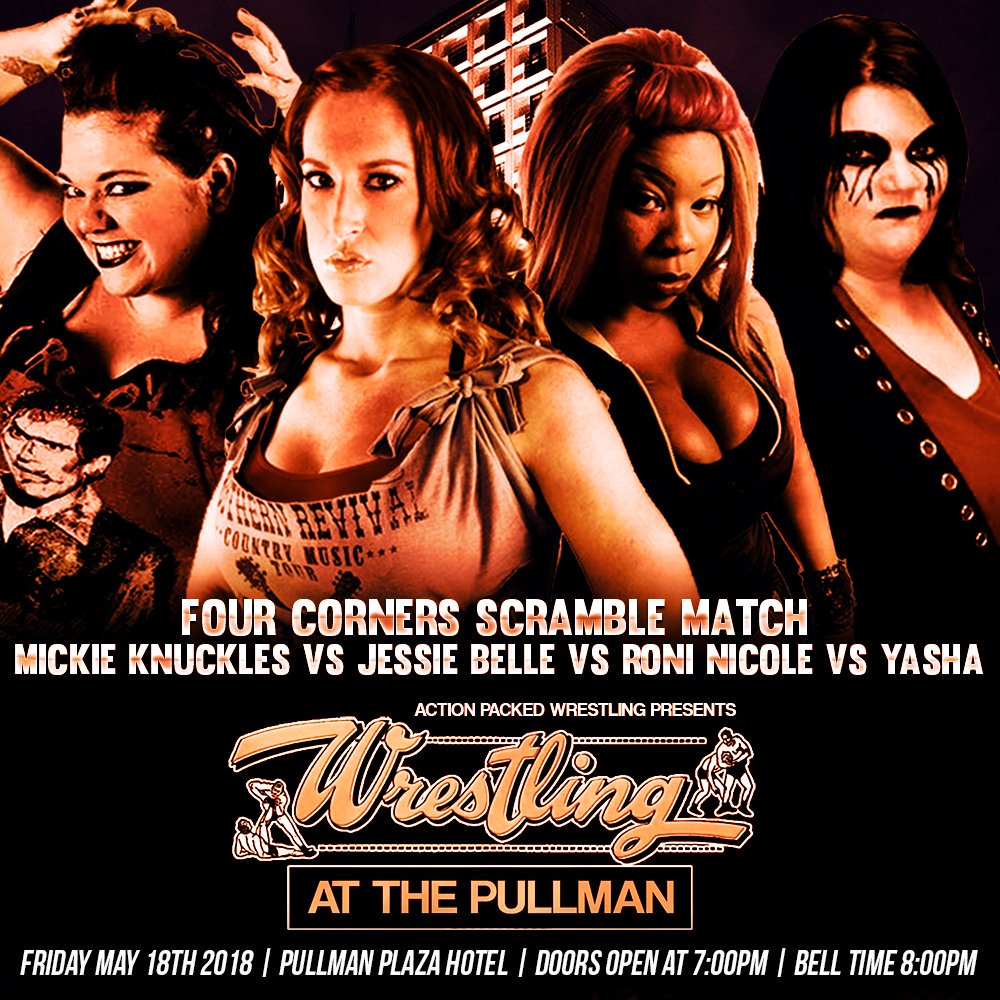 actionpacked_'s tweet image. In honor of #WomanCrushWednesday, we would like to announce that on Friday, May 18th at "Wrestling at the Pullman" in #HuntingtonWV at the Pullman Plaza Hotel, @demon_yasha will be taking on @MLKNUCKLES, @1jessiebelle and @Glitterlicious in a four corners scramble match.
