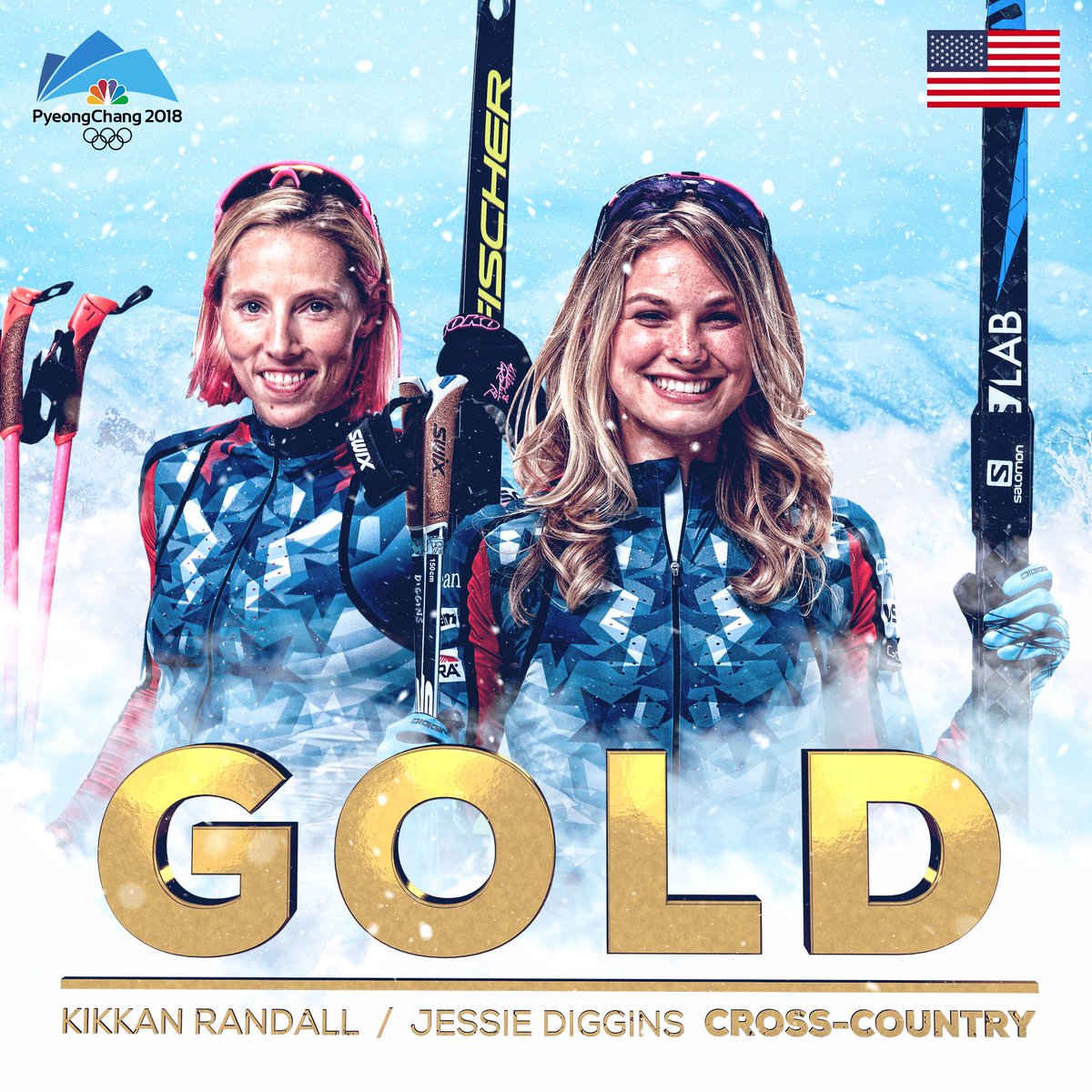 NBCOlympics's tweet photo. UNBELIEVEABLE! 

@kikkanimal &amp; @jessdiggs deliver the first-ever gold for @TeamUSA in women's cross-country skiing. #WinterOlympics https://t.co/P0q3MLDUx9