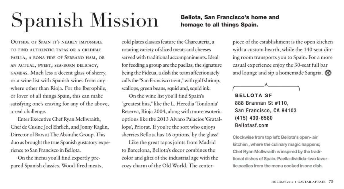 "Bellota, San Francisco's home and homage to all things Spain," Thanks for the great write-up, <a href="/CaviarAffairmag/">Caviar Affair</a>!