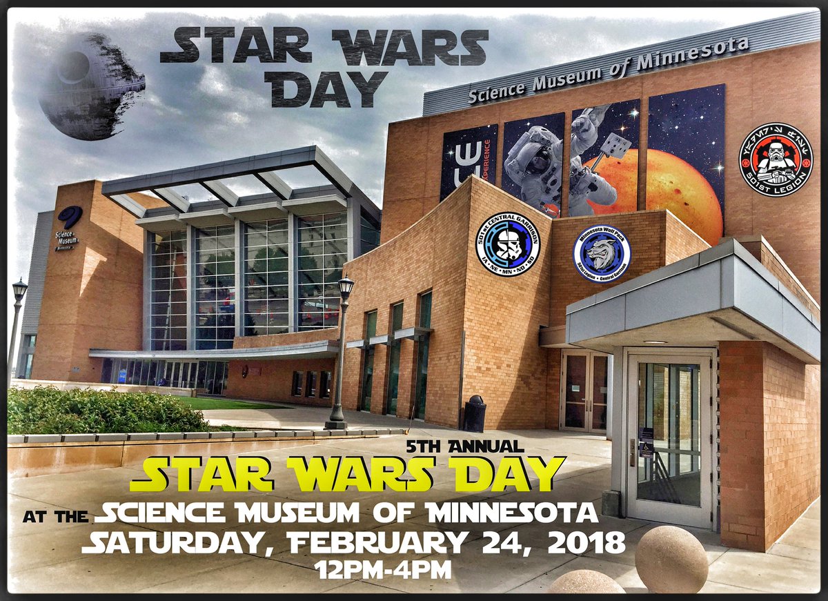 Join us this Saturday, February 24, 2018 for Star Wars Day at the <a href="/sciencemuseummn/">Science Museum of Minnesota</a>! 12pm-4pm
Come visit us in the Science Live Theater for photo backdrops, props &amp; displays, info tables and more! #501st
