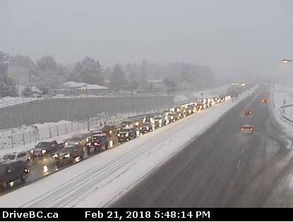 Westbound traffic majorly backed up on the Trans-Canada Highway at McKenzie Avenue. (Photo: <a href="/DriveBC/">DriveBC</a>) #yyjtraffic