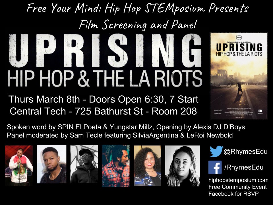 RhymesEdu's tweet photo. Uprising: Hip Hop and the LA Riots - Film Screening, Panel and Spoken Word Performance - March 8th - doors open 6:30 PM, &amp; 7 PM start. https://t.co/gBHE7mVI7p #HipHopEd #BLMTO https://t.co/KOsSIvE5Hm