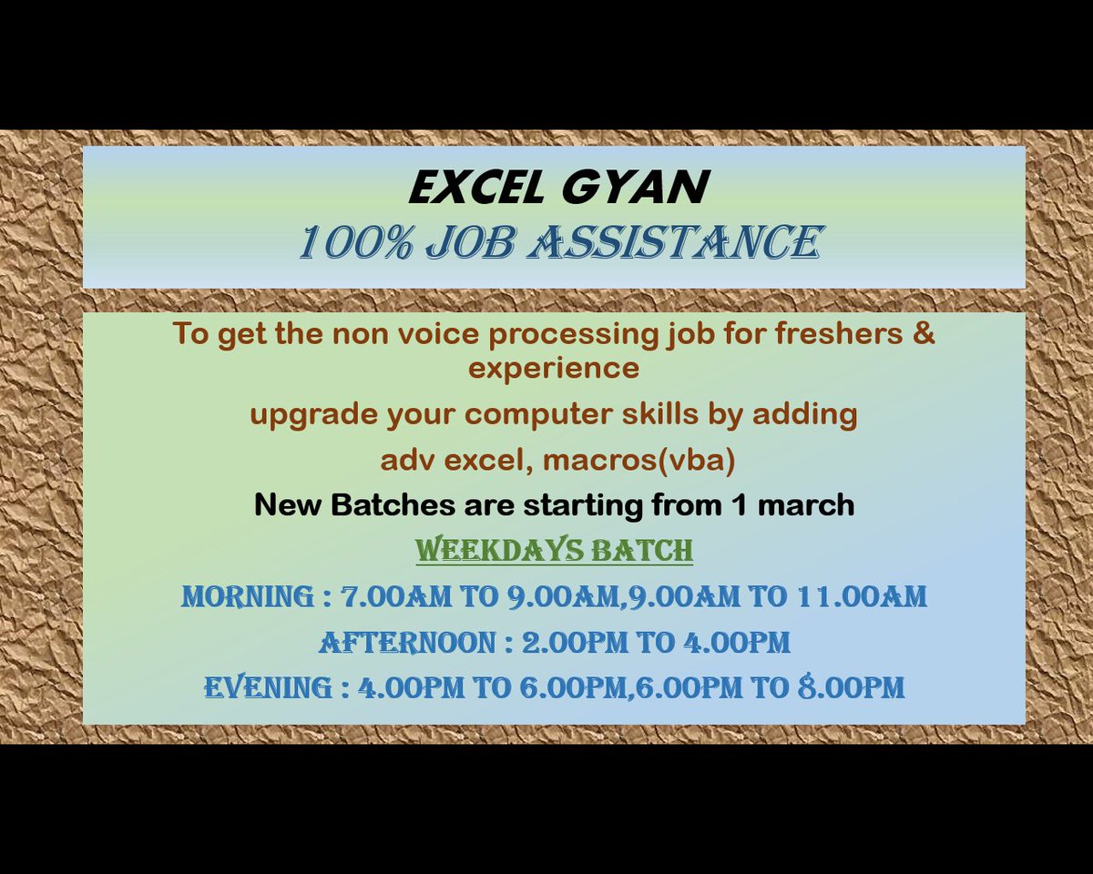excel_gyan123's tweet image. UPGRADE Skills by adding Adv.Excel/VBA/sql,SAS/SAP/CAD and other Courses please
Ref your: Friend &amp;amp; colleagues dtls:
Excel Gyan
9845247955,08041237955