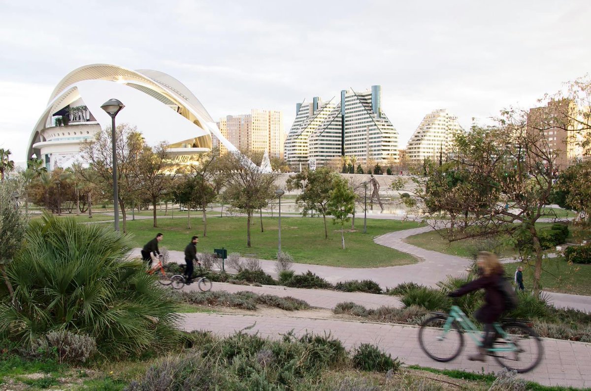 bikeitalia_it's tweet image. A seguito dell'alluvione del 1957, #Valencia decise di deviare il corso del fiume Turia. Nello spazio rimasto al centro della città si pensò di realizzare un'autostrada. I cittadini bloccarono il progetto. Oggi il letto del fiume ospita il Jardí del Túria,un parco urbano di 9 km