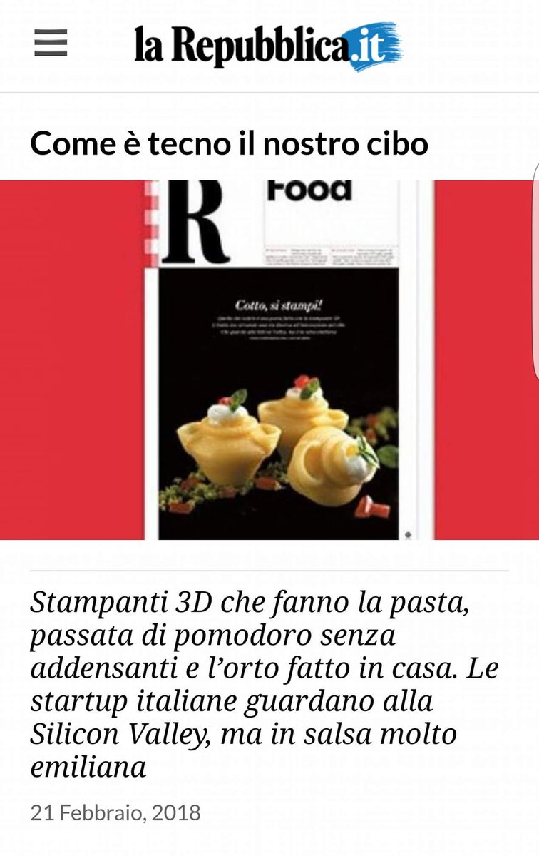 Oggi <a href="/Ffoodinstitute/">FutureFoodInstitute</a> è su <a href="/repubblica/">Repubblica</a>, speciale #RFood, come eccellenza italiana sull'#innovazione nel #food.

Info: repubblica.it/sapori/rfood/2…

Prendete RFood in #edicola per leggere questa bella storia italiana a cui il Mondo guarda!
#startup #FutureFood #FoodInnovation #FoodTech