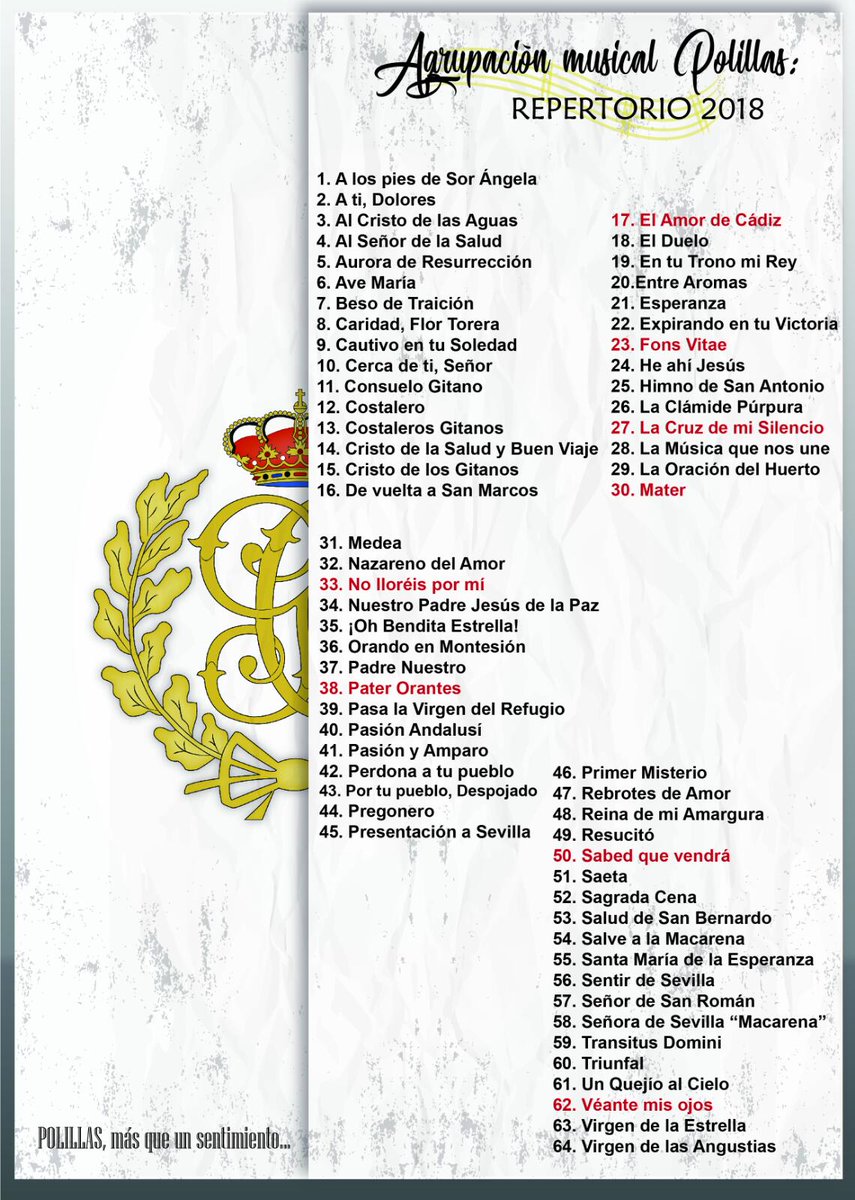 📌Aquí tenéis el repertorio oficial para esta Semana Santa, con las marchas nuevas incluidas este año en color rojo.🎵👇👇👇

🎶POLILLAS🎶, más que un sentimiento...