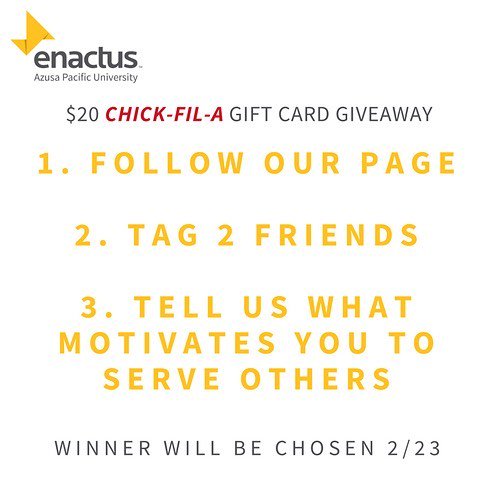 APUEnactus's tweet photo. Hi all, we are giving away a Chick-Fil-A gift card! Follow our page, tag two friends and comment below for your chance to win!! The winner will be chosen next Friday the 23rd. 📷: @apu_enactus https://t.co/pbm9levNC4