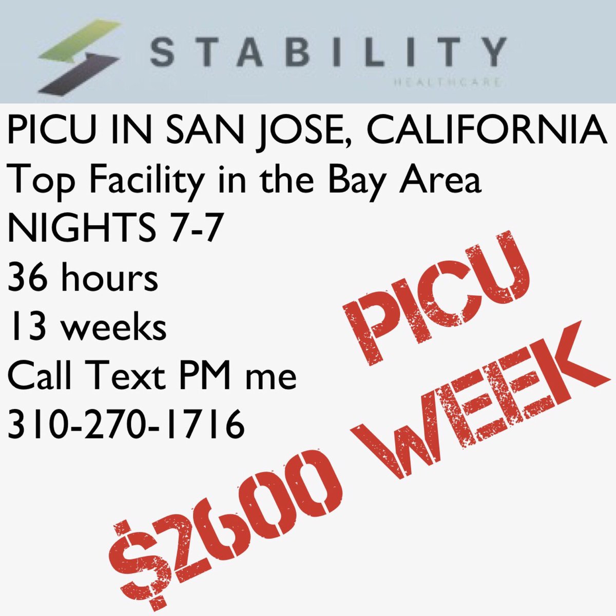 TRAVEL NURSES~ SAN JOSE CALIFORNIA TOP FACILITY NEEDS 
PICU 
NIGHTS
36 hours 13 weeks 
CALL TEXT PM FOR BREAKDOWN 
310-270-1716
#stabilityhealthcare #travelnurses #rnjobs