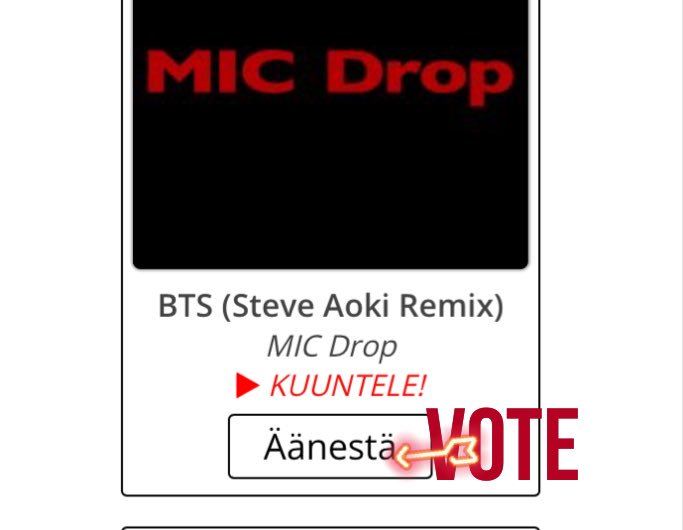 BTS_army_Fin's tweet photo. Last of the week!
Viikon viimeinen!

Please vote
MIC DROP REMIX
@BTS_twt
on @NRJfi daily TOP10!

TOP10 airs from mon to thu 4pm GMT!

Äänestä NRJ TOP10!
TOP10 soi ma-pe klo 18!

Share with hashtag
jaa hashtagillä
👇🏼
#MICDROPonNRJfiTOP10

Vote/listen
👇🏼
https://t.co/DI1prdms6j https://t.co/MaWCgiGuI7