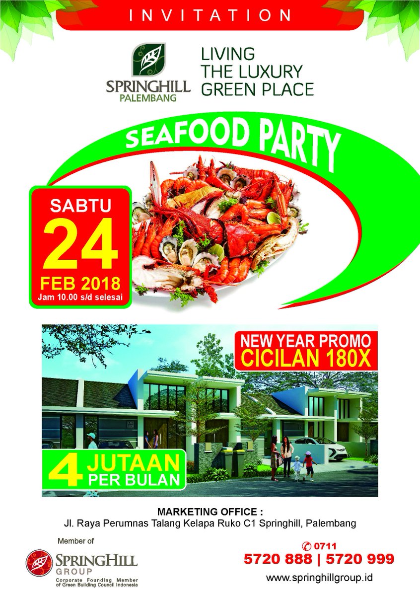 Springhill_INA's tweet photo. SPRINGHILL GOOD NEWS!!

SEAFOOD PARTY.
Sabtu, 24 Februari 2018.
Jam 10.00 - Selesai.
@ Marketing Office
Jl. Raya Perumnas Talang Kelapa Ruko C1 Springhill Palembang.

Jangan lewatkan Special Limited Promo CICILAN 180X hanya 4 Jutaan per bulan!
Info : 0711 5720 888 / 999. https://t.co/KNIEKsGRWX