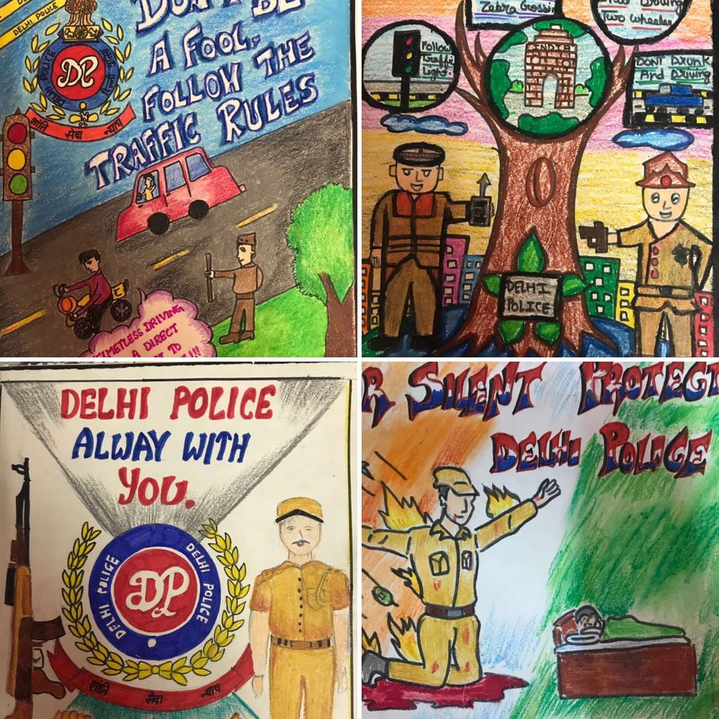 DCPSouthDelhi's tweet photo. हर तस्वीर कुछ कहती हैं !
They draw what they feel .A #meaningful #artwork by #Students based on theme of @DelhiPolice duties, #trafficrules during #DelhiPoliceWeek 
#drawingchallenge 
Winner are feciltied by Officers PS. #Nebsarai #SouthDistrict 
#FriendsInUniform
#WeCare https://t.co/CjLiwVlHvf
