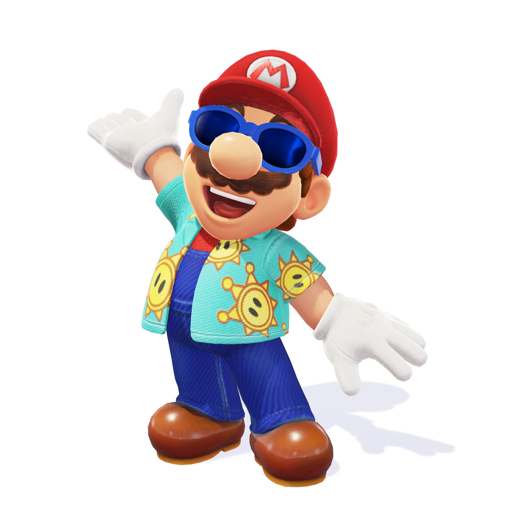 An image of Mario, the video game character, wearing blue sun shades and a light blue button shirt with yellow Shinies printed on it.