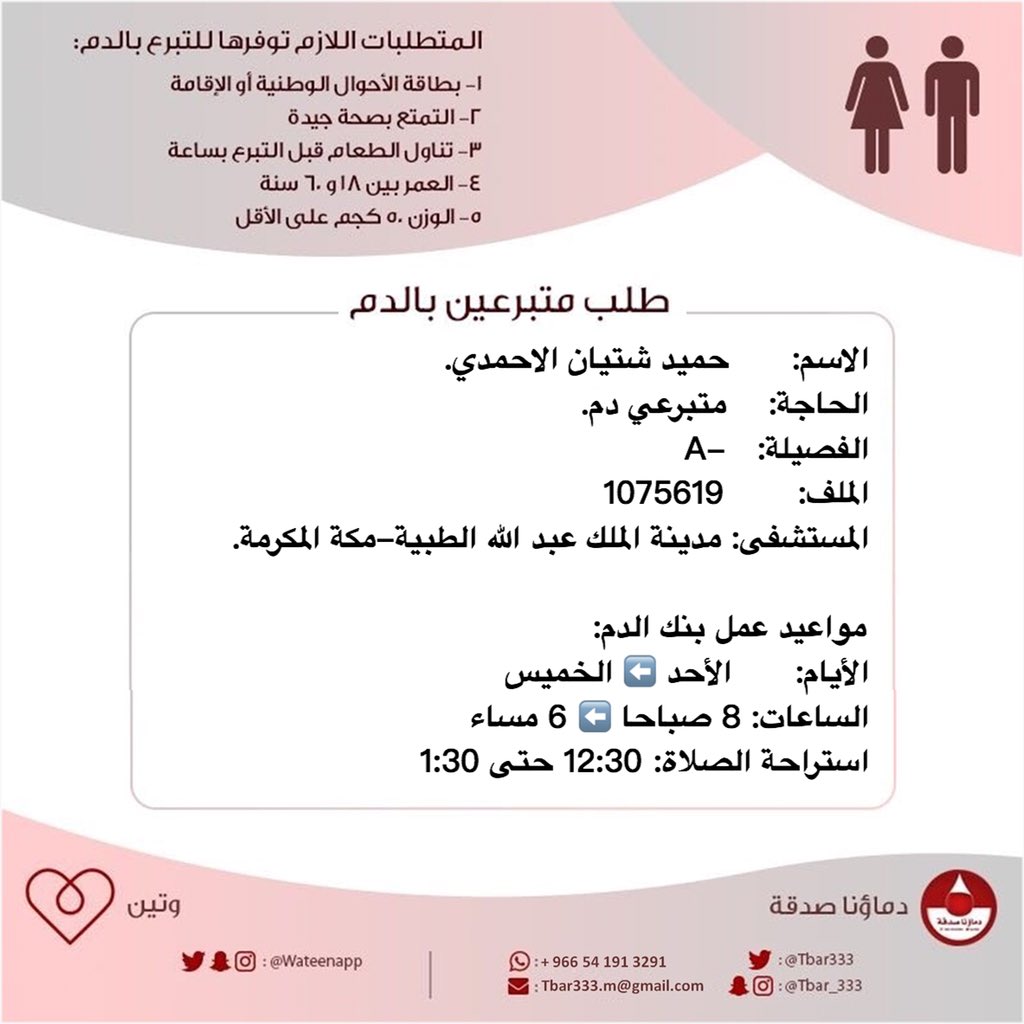 #عاجل
الاسم:      حميد شتيان الاحمدي.
الحاجة:    متبرعي #دم
الفصيلة:   -A
الملف:          1075619
المستشفى: مدينة الملك عبد الله الطبية #مكة_المكرمة