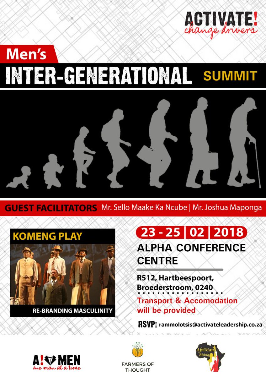 malusim2's tweet image. 100 men 3 days dialogue, workshops, conversations, mentorship bringing primary school young men to 70yr old grandfathers impact to a 1000 men. #1man@aTime. Follow the conversation ft @sellomkn @ActivateZA @activatemenza it's the Men's intergenerational Summit