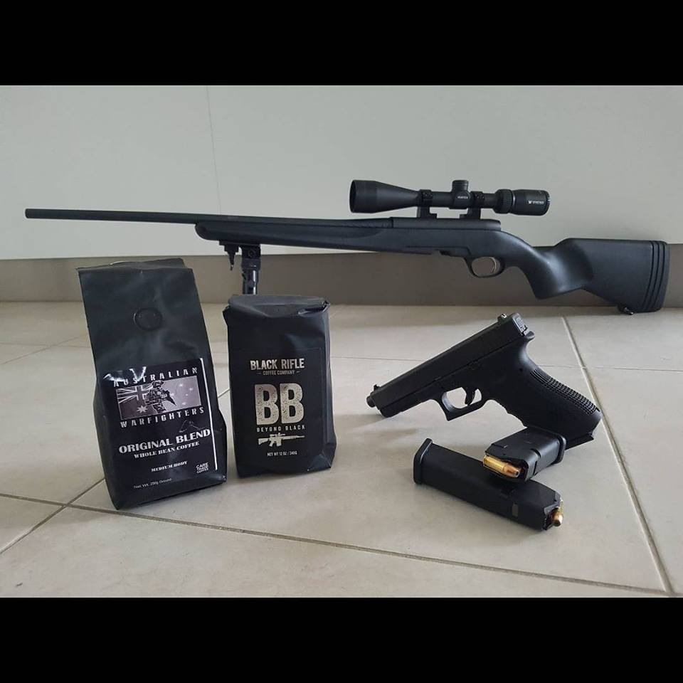 Look out, someone likes to get caffeinated and shoot with @blackriflecoffee and @australian_warfighters coffee. Issue is we are not allowed the nice toys to play with.