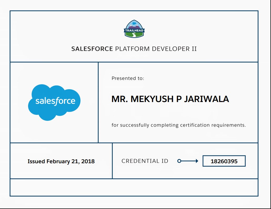 mekyush's tweet photo. Certified as a Salesforce Platform Developer II

@SalesforceDevs https://t.co/K2VoM2VK5L
