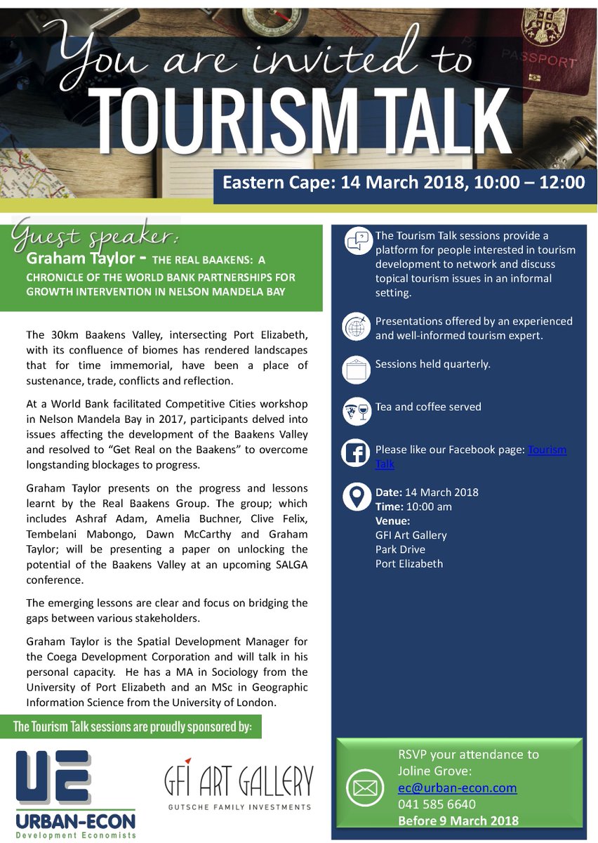 Urban_Econ's tweet photo. You are invited to our Tourism Talk session in the Eastern Cape,14 March 18, our guest speaker will be Mr Graham Taylor #tourismtalk #UrbanEcon https://t.co/IhuvVOF2gZ