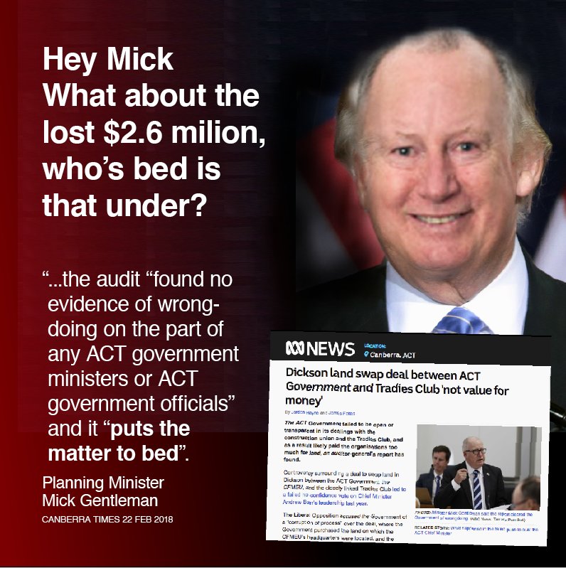 Mick Gentleman takes a leaf out of Trump's playbook and "puts the matter to bed", can you believe it? He said the audit "found no evidence of  wrong-doing on the part of any ACT gov ministers or ACT gov officials" &amp; it "puts the matter to bed" <a href="/canberratimes/">Canberra Times</a> #actpol #auspol #cbr