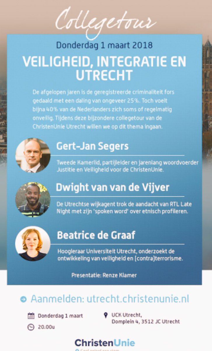 MaartenOoijen's tweet photo. Nog één week, dan is de @CUUtrecht College Tour! Met @gertjansegers, @politieDwight en natuurlijk Beatrice de Graaf... Presentatie door @renzeklamer. Meld je nu aan: https://t.co/y0haKqQpM6 https://t.co/oH6O8tCkiw