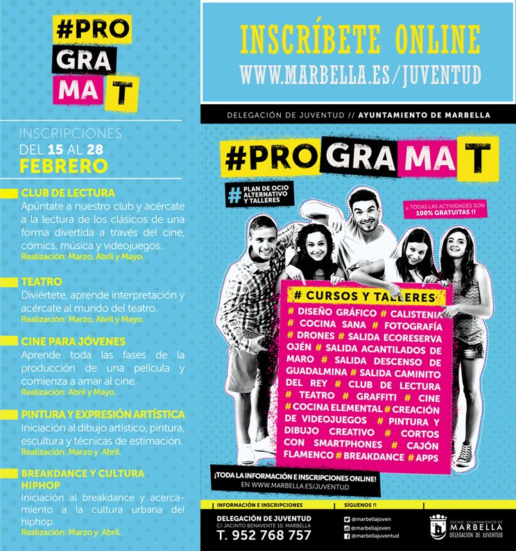 marbellajoven's tweet photo. ⚠️ Últimas plazas disponibles para los primeros Curso de💡#PROGRAMaT #Juventud #Marbella jóvenes de 14 a 30 años Inscríbete ONLINE ahora aquí 👉 https://t.co/Ftphwvng06 https://t.co/tKpno381lq
