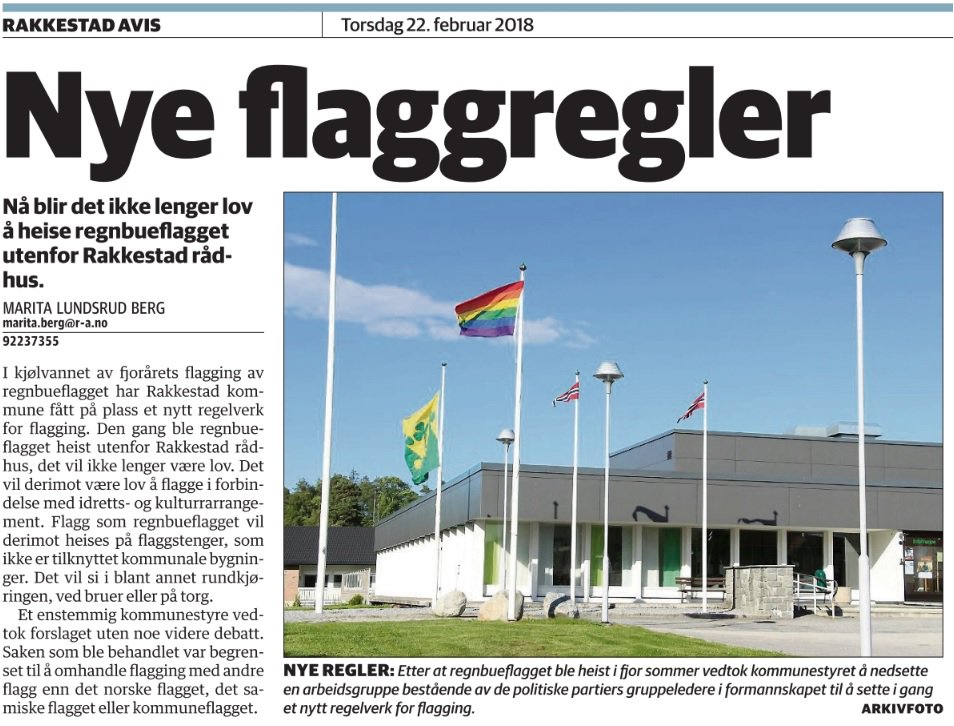 Uten debatt vedtok kommunestyret i Rakkestad enstemmig å si nei til regnbueflagget ved kommunale bygg. Slagordet deres "Mangfold og samhold" ble plutselig fattigere! @NRK_Ostfold