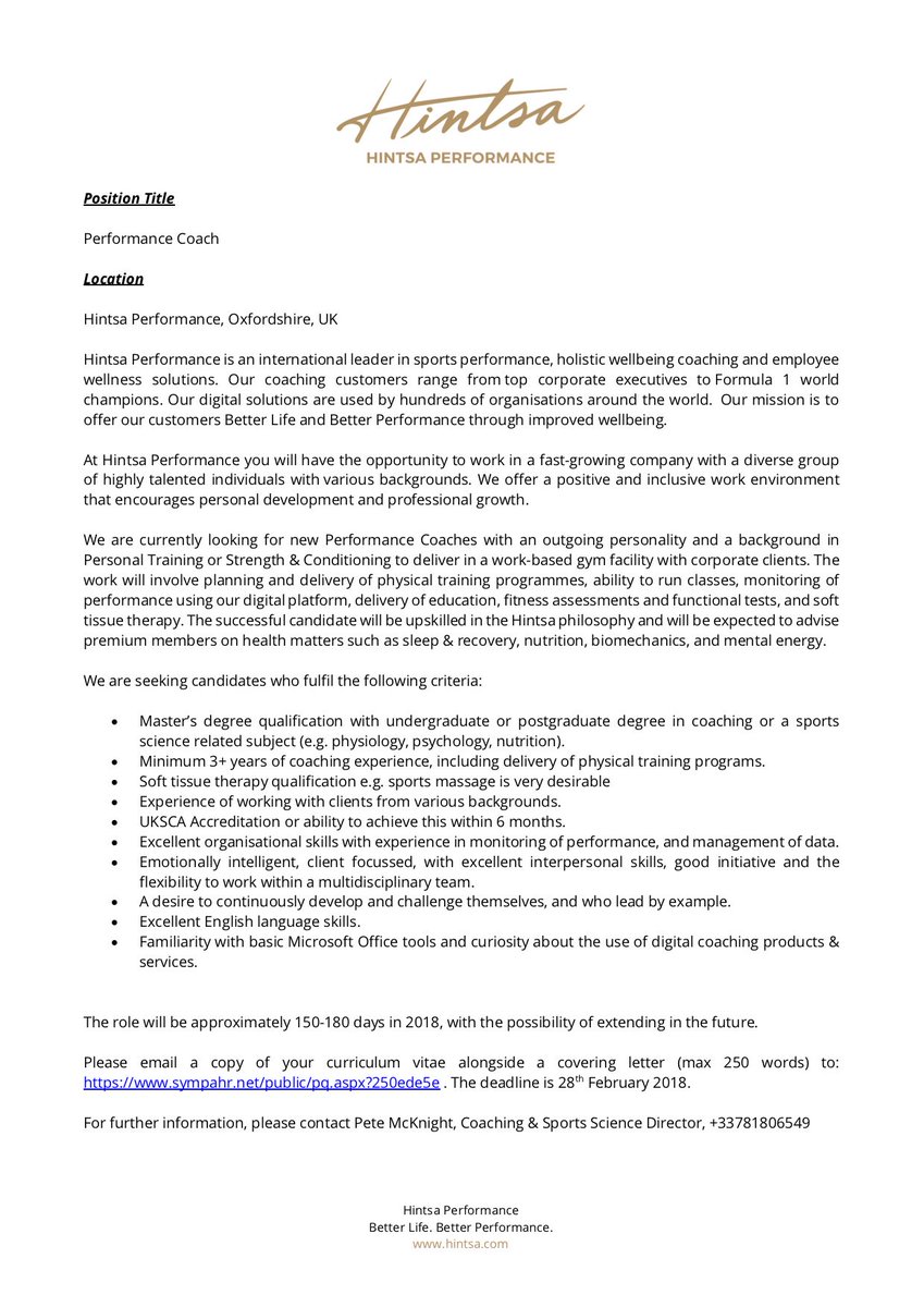 We're recruiting! Check out this new and exciting opportunity for a Performance Coach with <a href="/HintsaPerform/">Hintsa Performance</a>