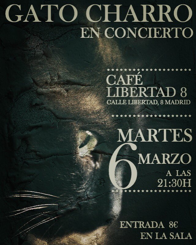 ¡CONCIERTO!
El 6 de Marzo estaremos tocando canciones de nuestros tres discos, muy desnuditas, muy sencillas, casi como cuando uno las acaba de hacer.
¡Las entradas ya las podéis comprar!
¡Hasta el 6 de Marzo familia!
#gatocharro 
#concierto
#cafelibertad8 
#cancionesdesnudas