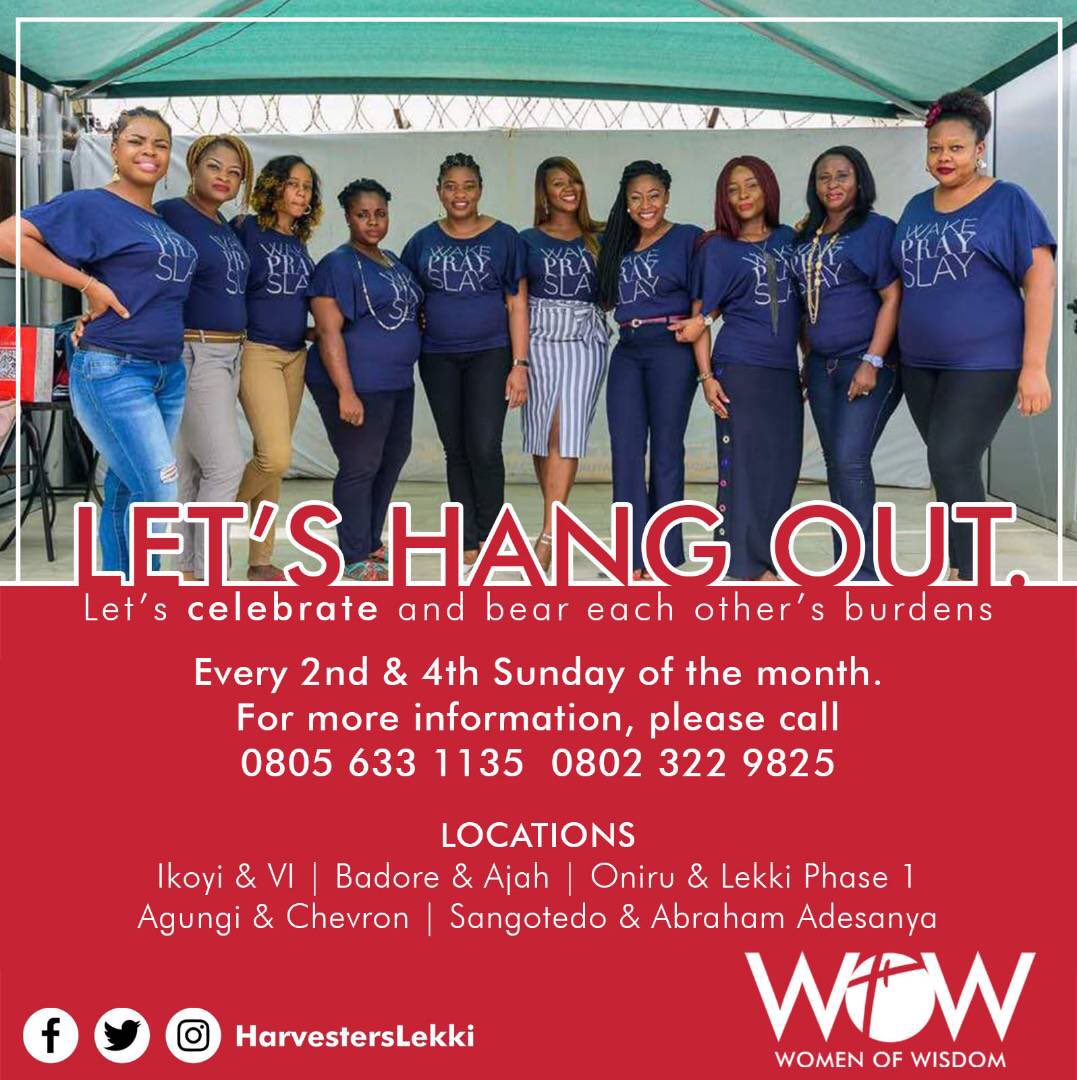 HarvestersLekki's tweet photo. If you are a woman/lady who wants to fellowship, grow in your spiritual work and build Godly fellowships.
Join our Women ’s Care fellowship where we celebrate and bear each other’s burden. This Sunday evening at your nearest place of residence. #WomenOfWisdom #JoinASmallGroup https://t.co/2KG6pQv3bU