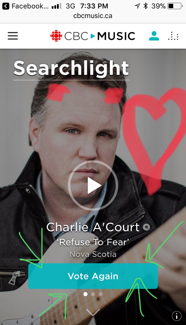 charlieacourt's tweet image. Hi all. Thanks everybody for the support on this song, #RefuseToFear. Vote daily so the song can advance to Round 2. cbcmusic.ca/searchlight/44…