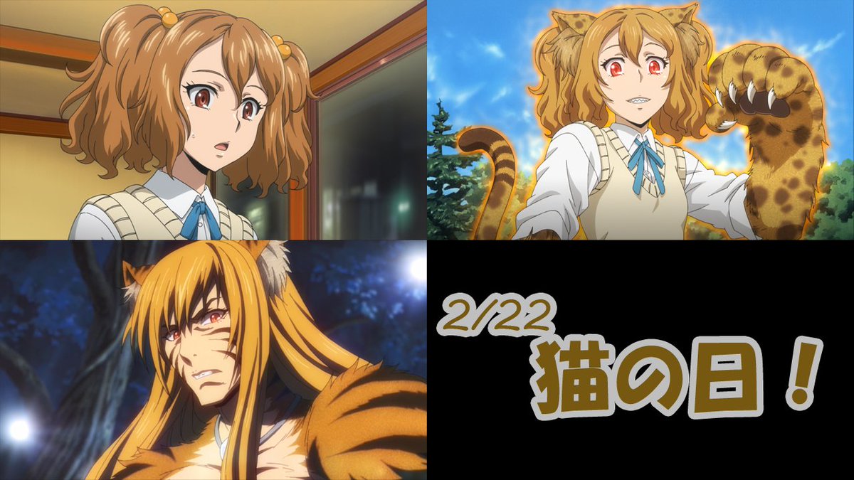 Tvアニメ キリングバイツ 公式 בטוויטר 改めまして2 22は 猫の日 ということでネコ科の獣人である中西大河 獲座兄妹の二人です 前回覇者である ティガ 中西大河とその妹 チータ 中西獲座が 獣獄刹 デストロイヤル 連覇を狙います Kb Anime