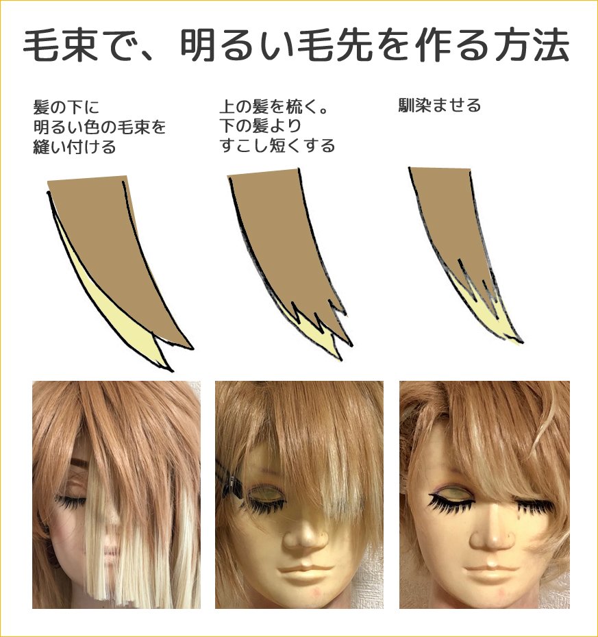 Wig Shop Maple メイプル グラデ風ウィッグの作り方 毛束を内側に縫い付け 下から覗かせる風にカットすると グラデーション風にすることができます ヘアアイロンやワックスで 同じ髪の流れに整えることがコツです 詳しくは加工ブログにて