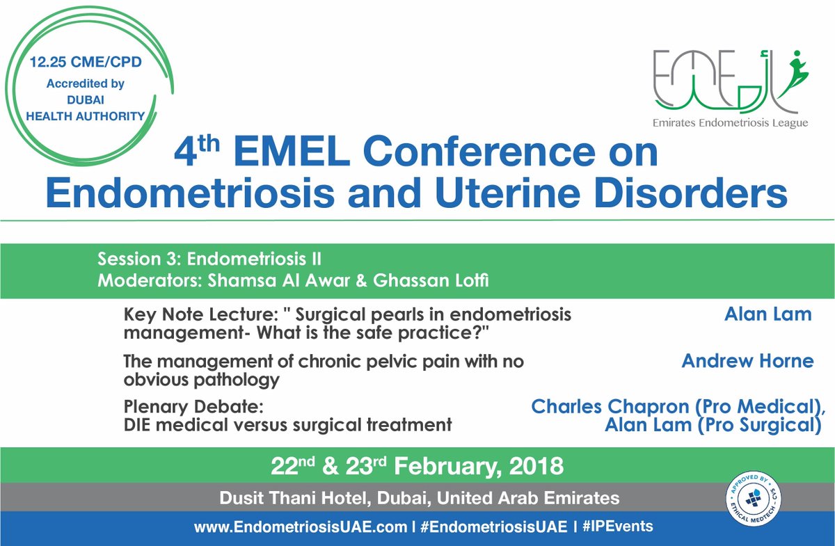 endometriosiUAE's tweet photo. Join the 3rd #EndometriosisUAE Session and participate in the Plenary Debate: DIE Medical versus Surgical Treatment, with Prof. Charles Chapron and Prof. Alan Lam
12.25 CME Accredited by Dubai Health Authority
#EndoDoctors #EndometriosisAwareness #CME #IPEvents https://t.co/nugaNQsF44