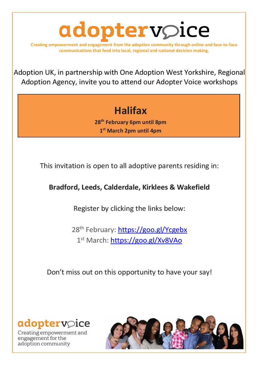 One week today, Thu 1st March is our second West Yorkshire Adopter Voice workshop and forum - book here eventbrite.co.uk/e/adopter-voic… and have your voice heard - workshops in other regions coming soon (ES)