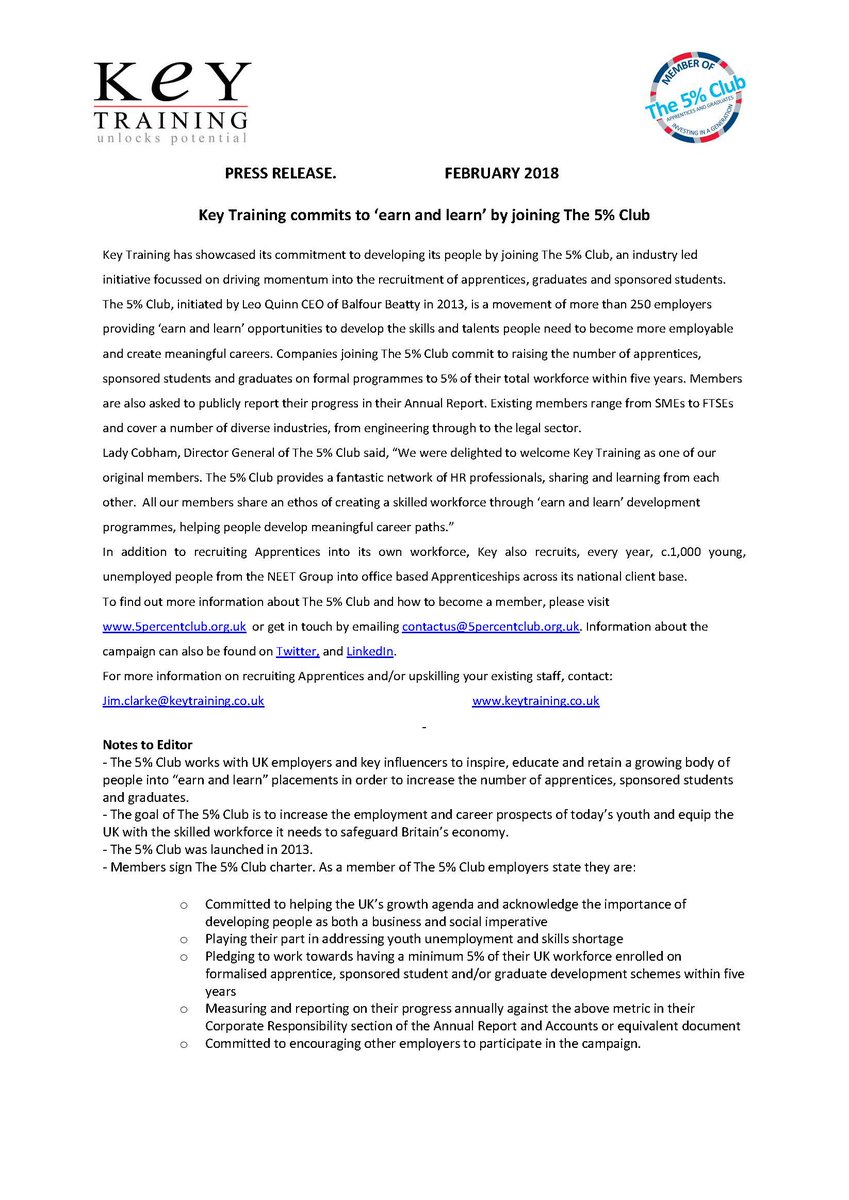 WWP_Learning's tweet image. Key Training are members of The 5% Club 'a movement of employers providing earn and learn opportunities to develop the skills and talents people need to become more employable & create meaningful careers'. Why not take a look? @5PercentClubUK #unlockingpotential #apprenticeships