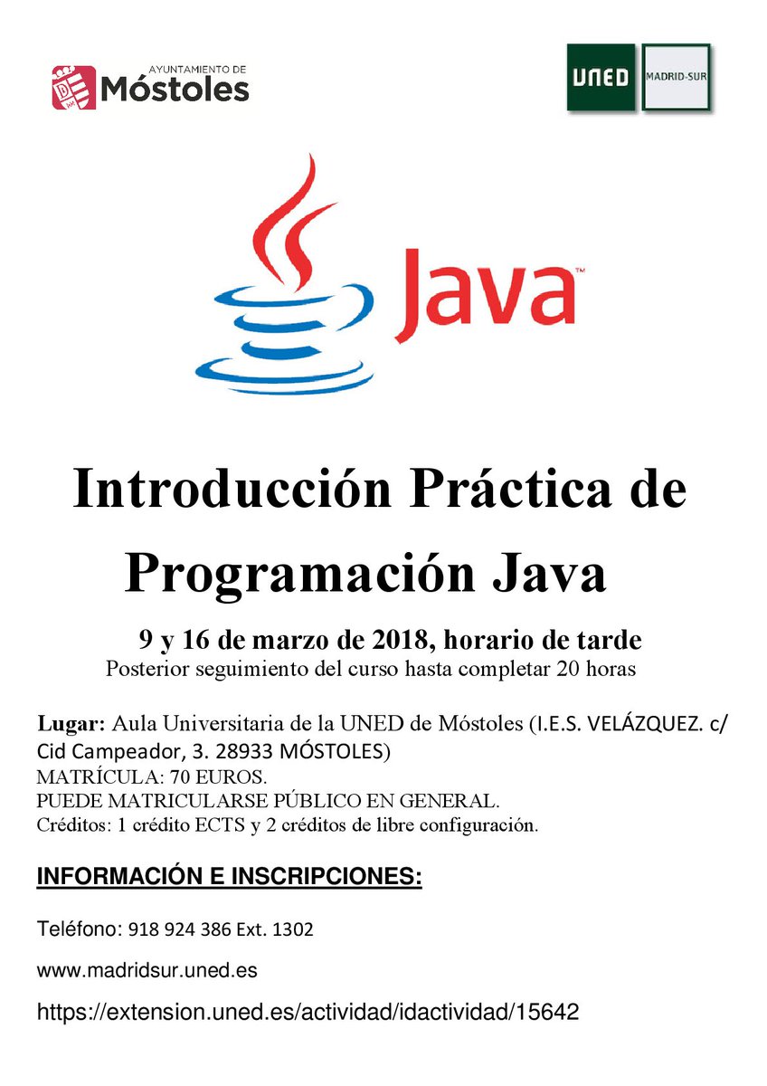 UNEDMadridSur's tweet image. En pocos días comienza el curso #UNEDMadridSur de #ProgramaciónJava en #Móstoles. Todavía estás a tiempo!!! @AytoMostoles @Noelia_posse @IsabelCruceta