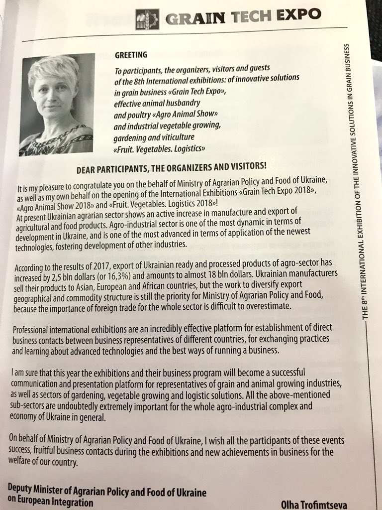 MillingandGrain's tweet image. Olha Tromfimtseva, Deputy Minister of Agrarian Policy and Food of Ukraine on European Integration says challenges and reorientation for food and drink industry are opportunities for unique and high quality Ukraine products - even to Harrods London #GrainTech #GrainTech2018