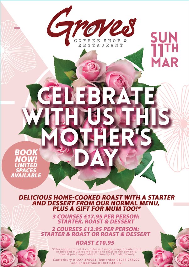 #MotheringSunday is just around the corner (March 11th). Join us #Tenterden for a delicious home-cooked roast, 3 courses for only £17.95 per person including a gift for mum