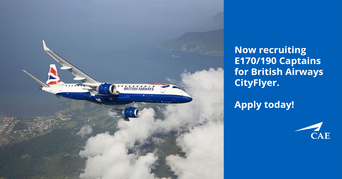 caeparcaviation's tweet photo. We have a great opportunity for E190 Captains with BA CityFlyer. Positions are based in London. Competitive salary, accommodation provided, plus travel expenses &amp; per diems. Get in touch for more details today! https://t.co/283DAMG7iZ
#Pilot #pilotjobs #embraerpilots #captainjobs https://t.co/pojOKRoKR0