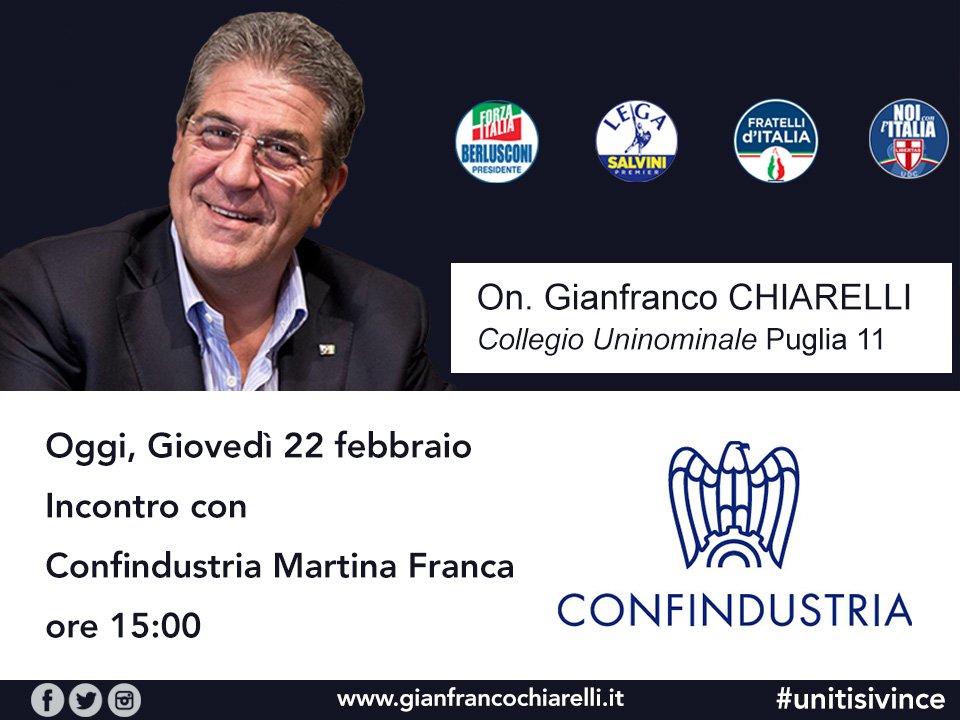 Oggi sarò da #Confindustria #MartinaFranca per parlare di problemi legati a piccola e media industria e crisi economica.
Le mie proposte per uscirne: meno tasse e burocrazia, più accesso al credito.