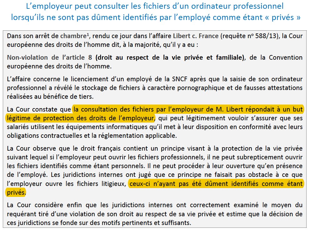 N_Hervieu's tweet photo. Vie privée au travail &amp; contrôle de l'employeur : Licencier un employé de la @SNCF en raison des #fichiers (notamment pornographiques) trouvés sur son #ordinateur professionnel ne viole pas la #CEDH car l'employé a omis de les identifier comme "privés". https://t.co/PM9V9b2g2c