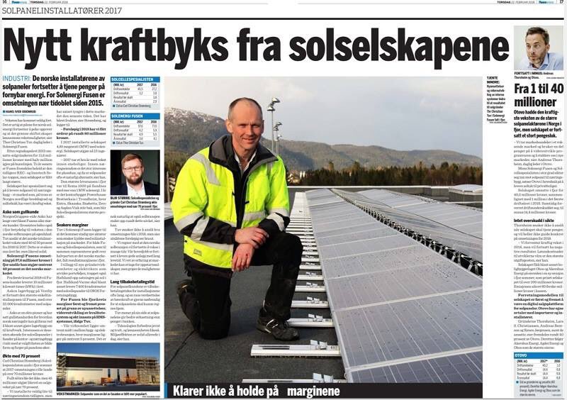 FORMIDABEL VEKST FOR SOLSELSKAPENE
Finansavisen skriver i dag om den oppsiktsvekkende sterke omsetningsveksten for de norske solpanelinstallatørene – og løfter fram klyngepartnerne Solenergi FUSen, Otovo Solar og Solcellespesialisten
