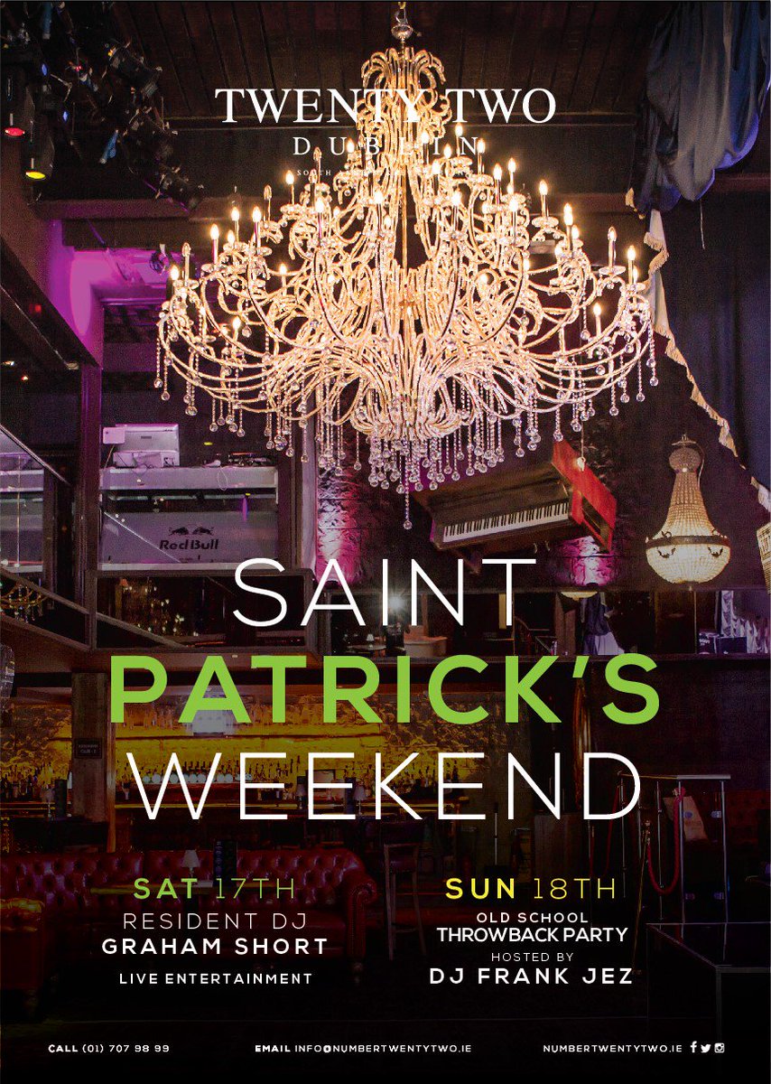 NumberTwenty2_'s tweet image. SAINT PATRICK'S WEEKEND || @NumberTwenty2_ 
Join us this St. Patrick's Weekend  - Saturday 17th March: Club night with resident DJ Graham Short || Sunday 18th March: Old School Throwback hosted by @DjfrankjezFM104 
Book your VIP Table or Booths in advance: info@numbertwentytwo.ie