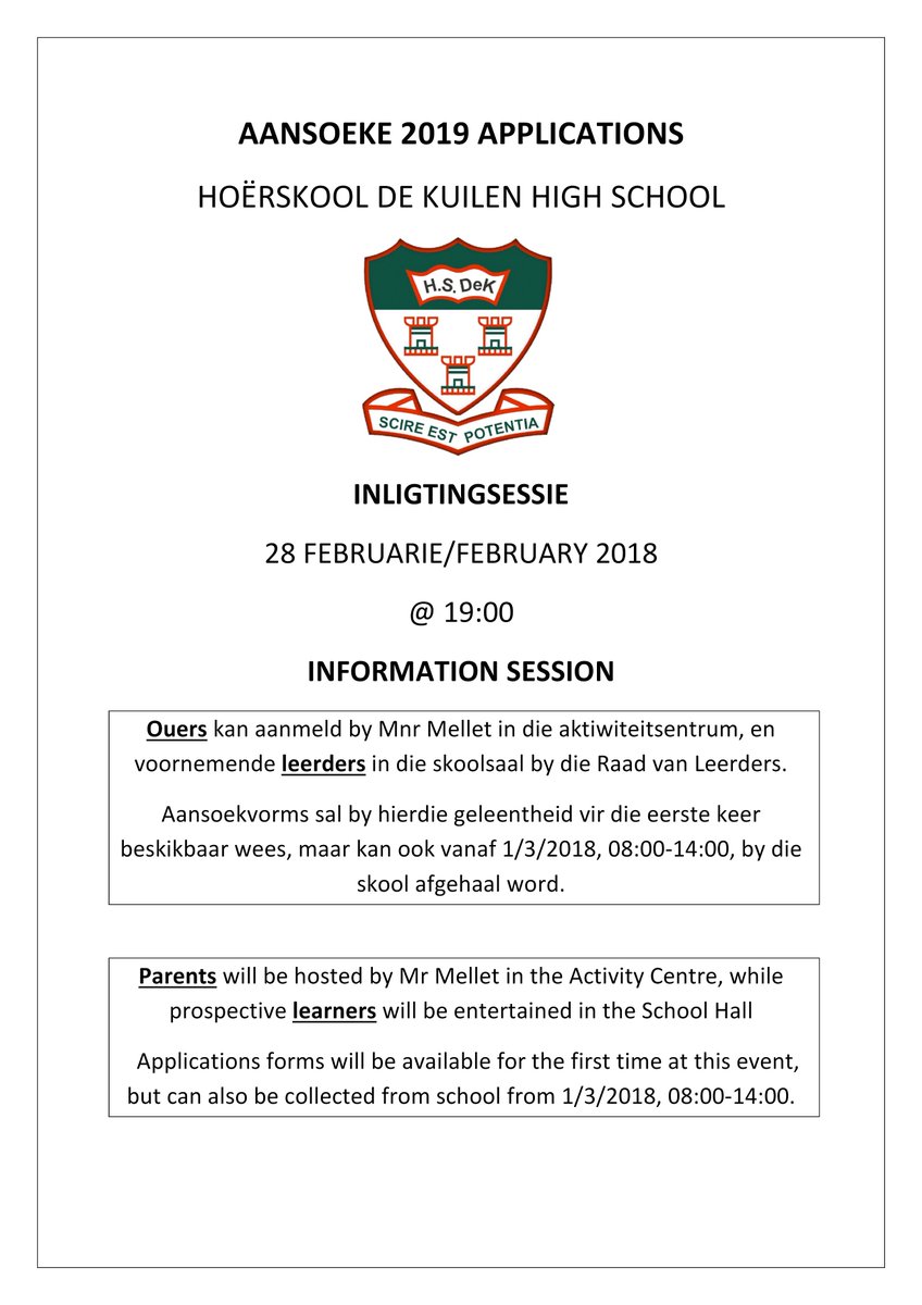Open day  <a href="/HSDeKuilen/">HS De Kuilen</a> 
Learners and their parents are welcome to stop by at 28 Feb 2018 from 19h00.
#openday #truekuilies